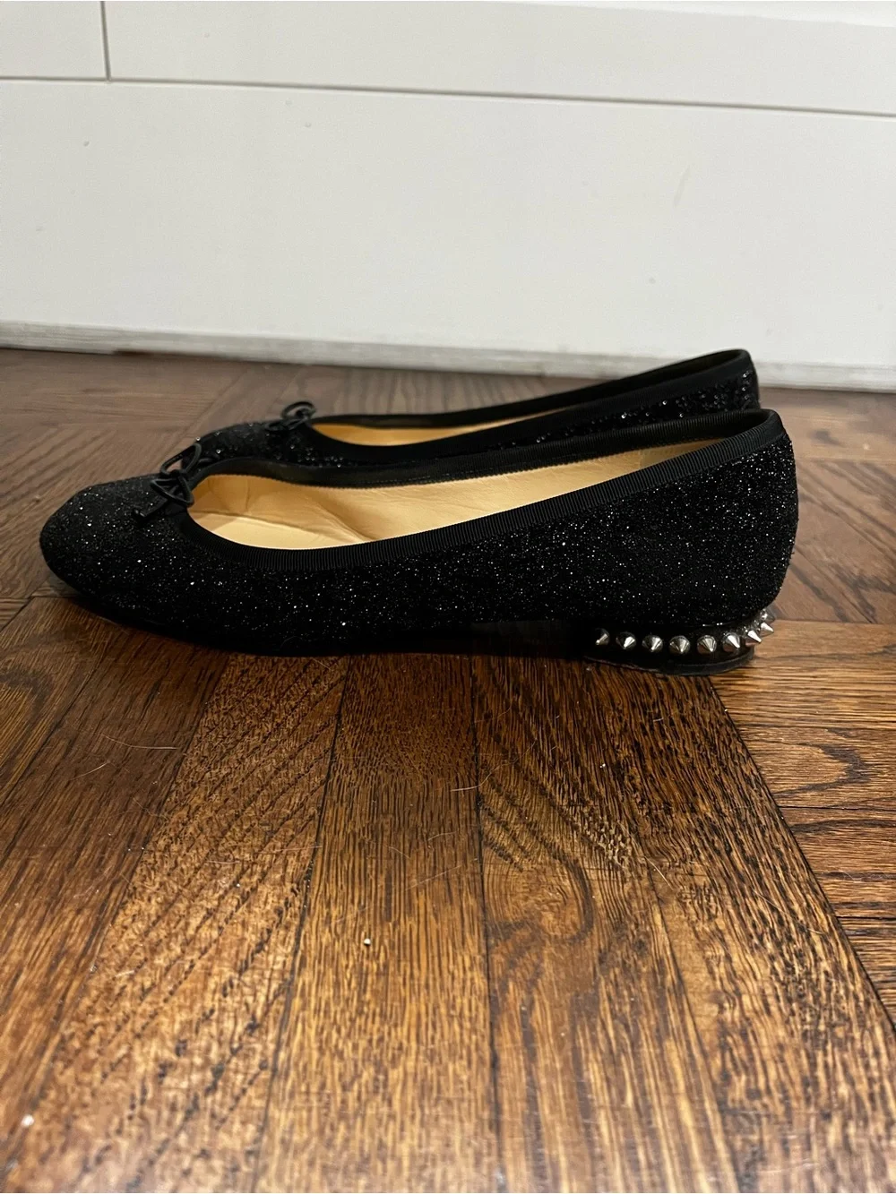 Christian Louboutin Black Glitter Ballet Flat with Bow and Studded Heel